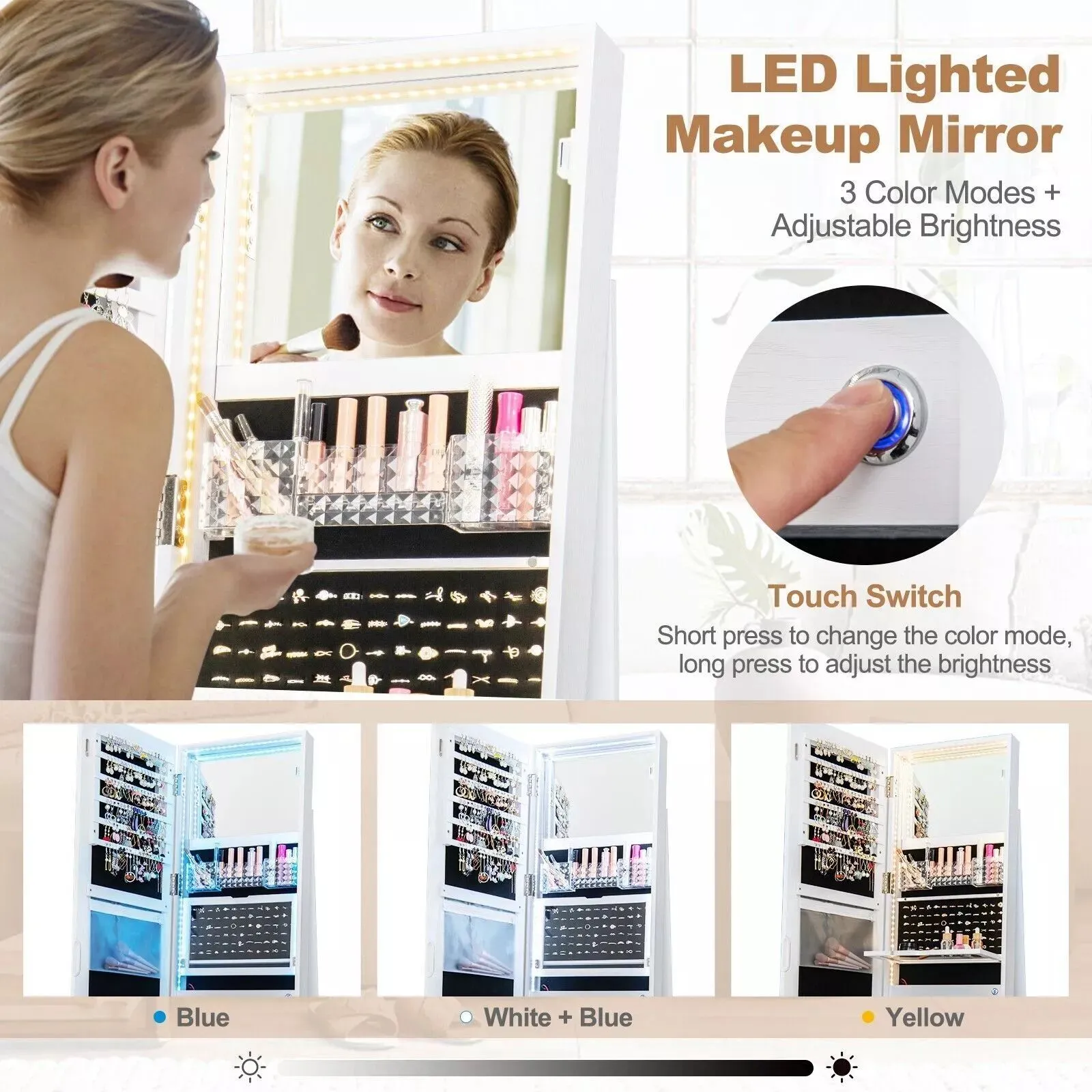 Costway 360 Swivel Jewelry Cabinet Lockable Jewelry Makeup Armoire w/ LED Lights in White 5