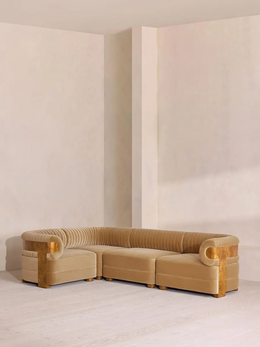 Caleb Modular L-Shape Sofa, Velvet, Camel, Dark Burl
