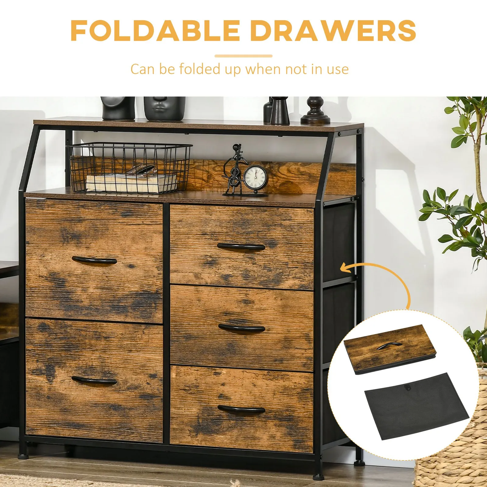 HOMCOM Industrial Drawer Chest 5 Drawers Dresser with Open Shelf in Brown 5