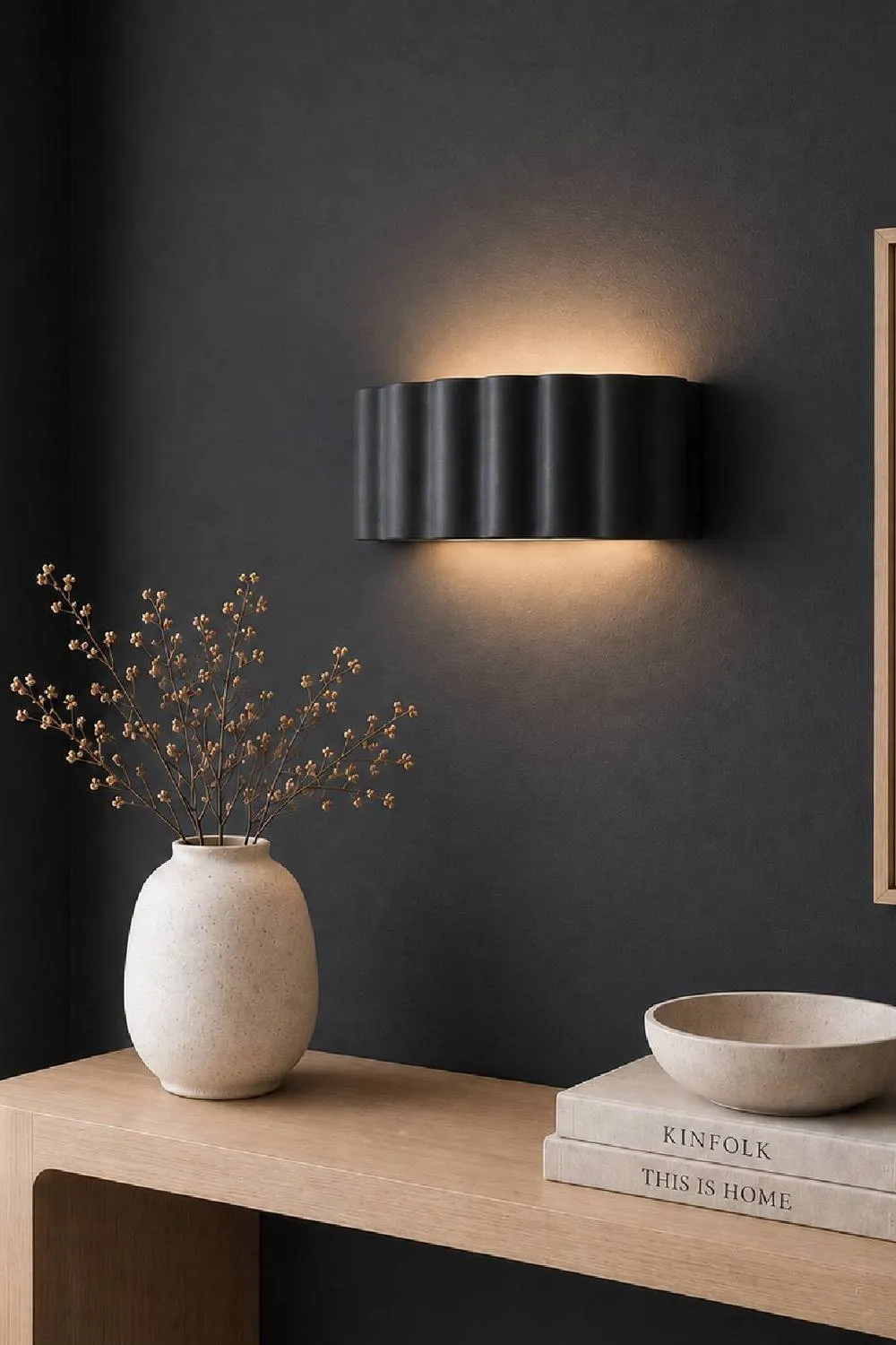 ValueLights Pablo Curved Ribbed Ceramic Flush Wall Sconce Light with Bulb in Navy 1
