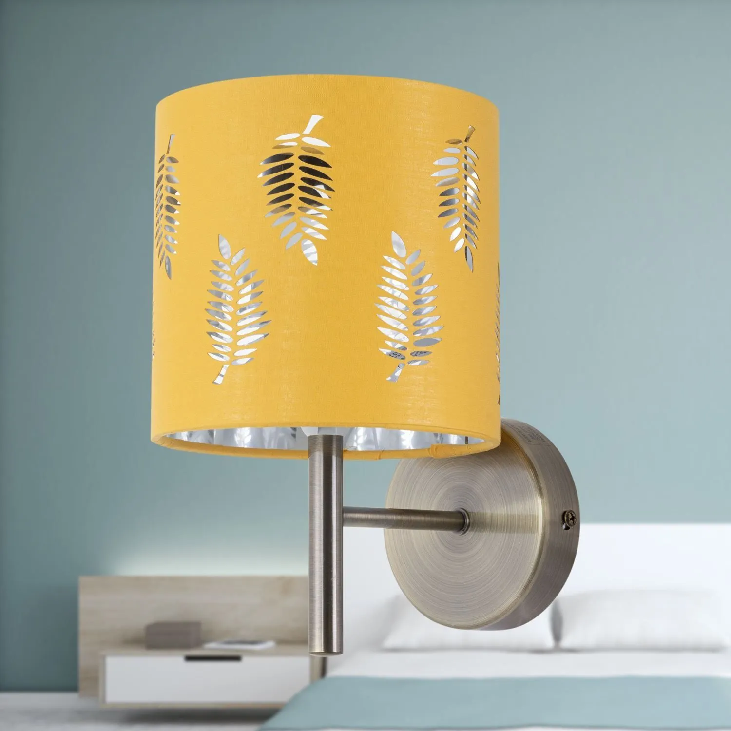 First Choice Lighting Set of 2 Brea - Antique Brass Wall Lights with Ochre Fern Shades in Gold 4