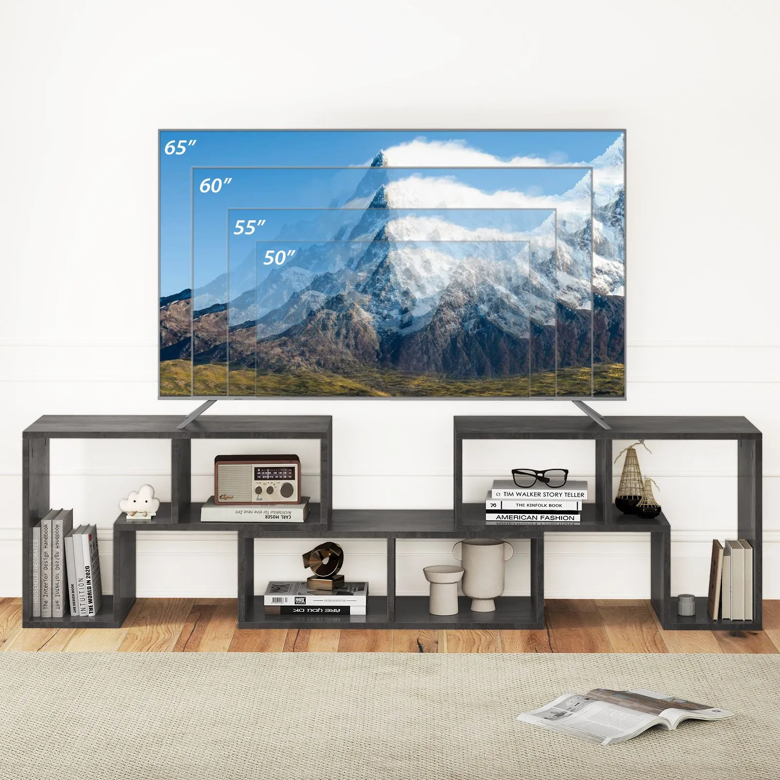 Costway 3 Pieces Adjustable TV Console Stand Modern Entertainment Center in Grey 6