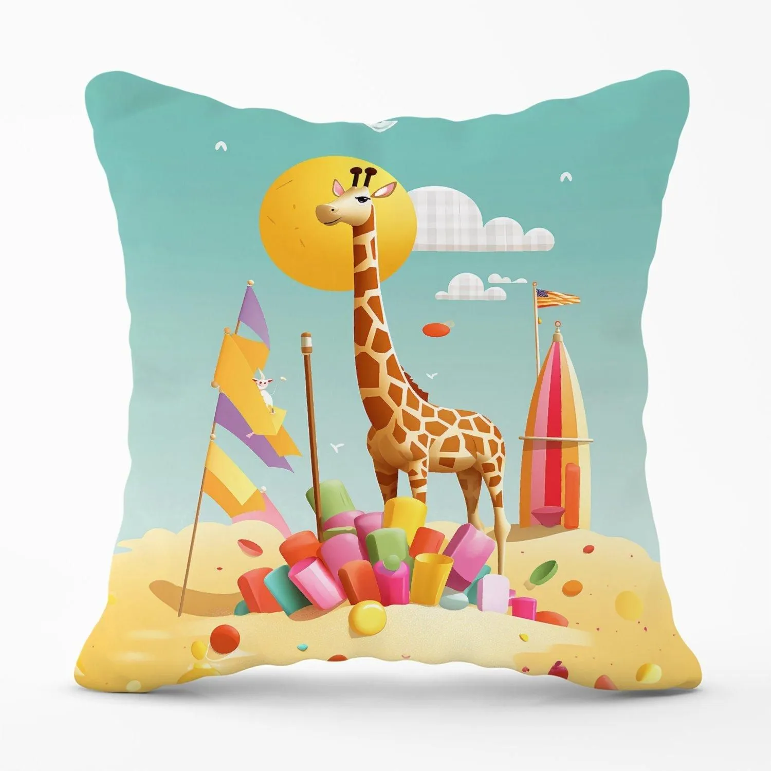 Warren Reed - Designer A Giraffe On A Beach Holiday Outdoor Cushion in Yellow
