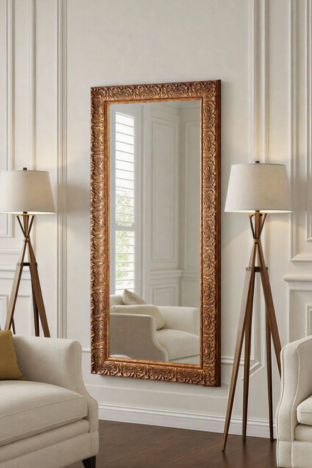 Yearn Mirrors Carved Framed Bevelled Tall Mirror Gold 138x62cm