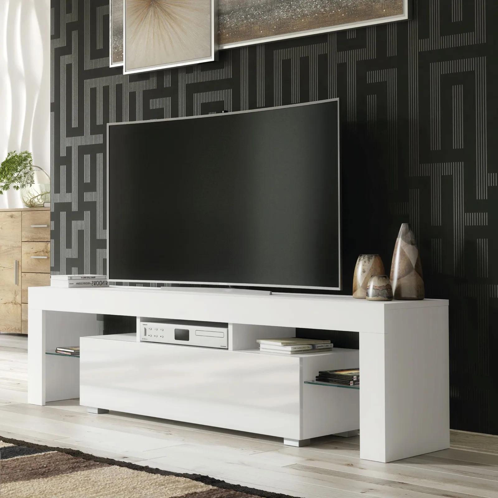 Creative Furniture TV Unit 160cm Stylish Modern - White with High Gloss Doors 6