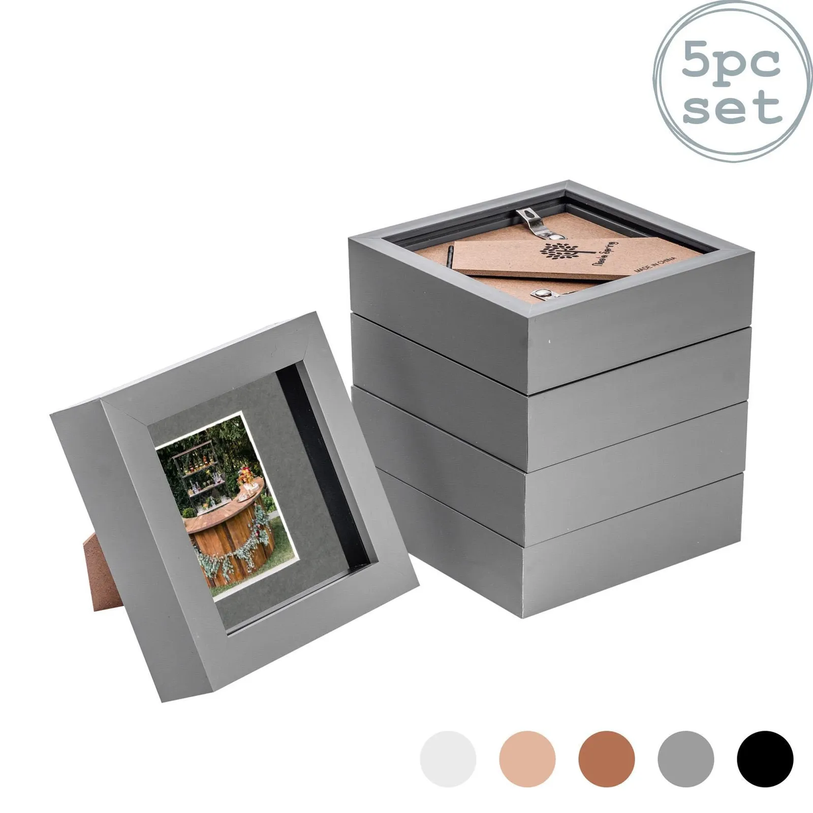 Nicola Spring 3D Box Photo Frames - 4 x 4" with 2 x 2" Mount - Black Mount - Pack of 5 in Grey
