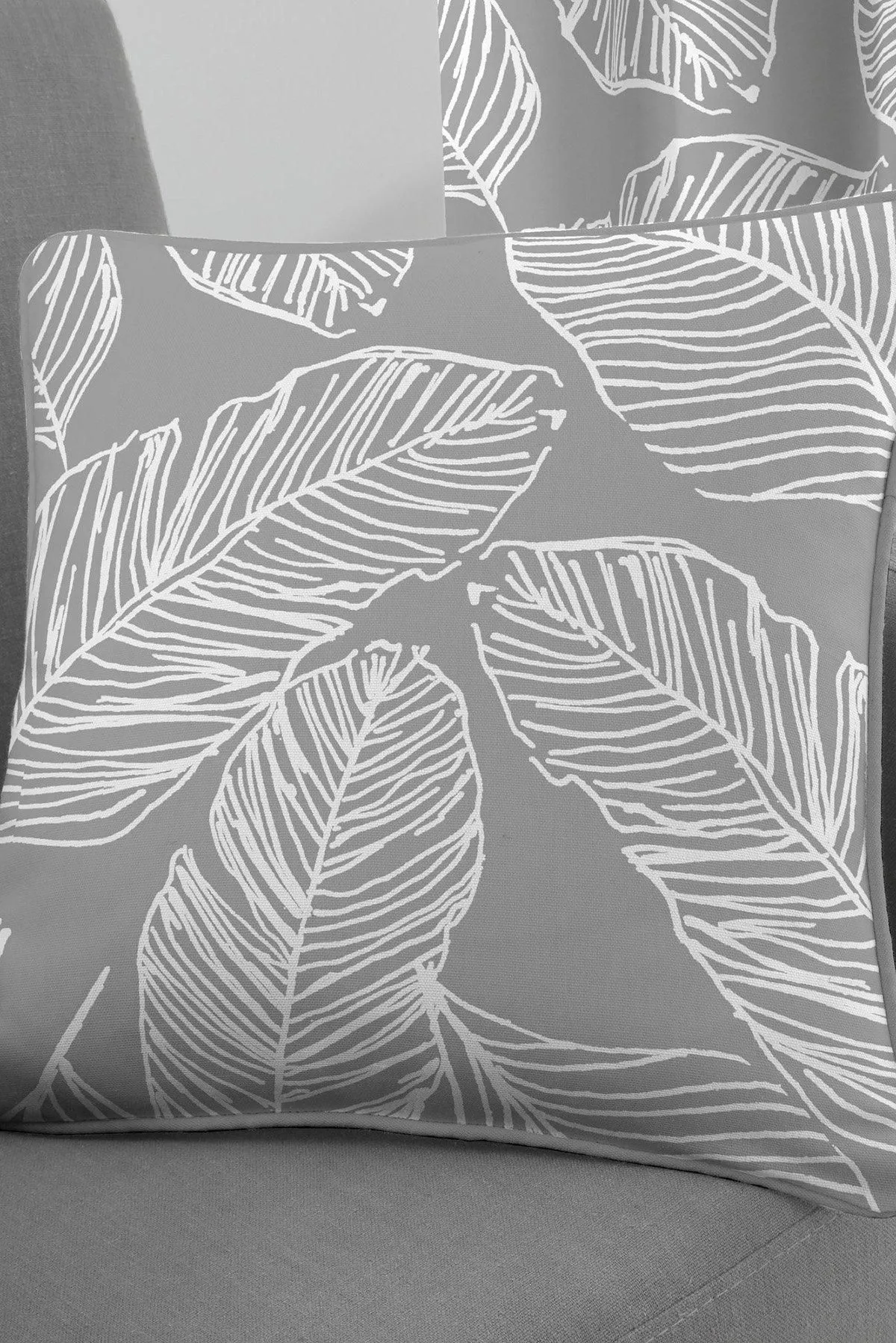 Fusion 'Matteo' Hand Drawn Leaf Print Filled Cushion 100% Cotton in Grey 1