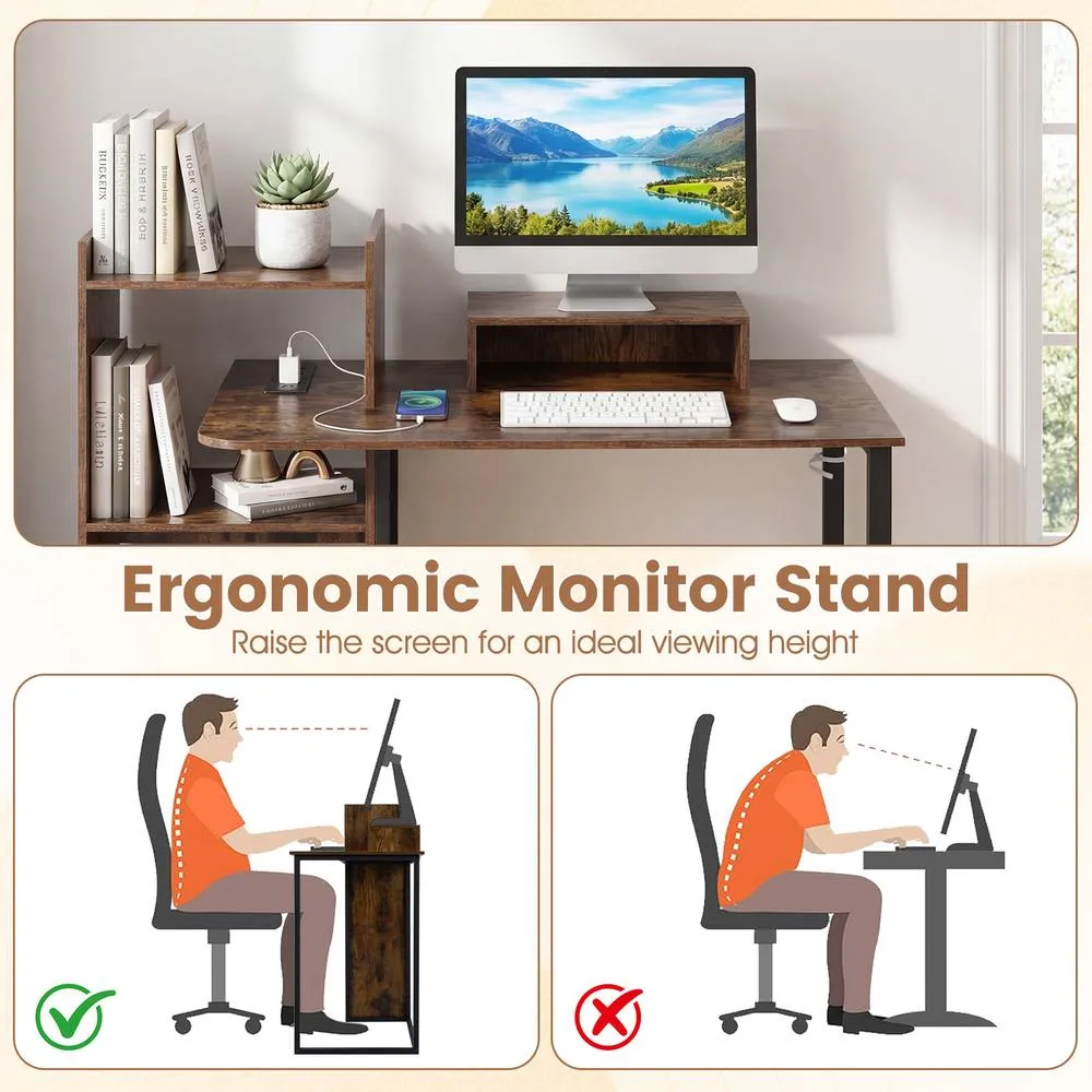 Costway 110CM Computer Desk Study Desk w/ Monitor Stand & Charging Station in Brown