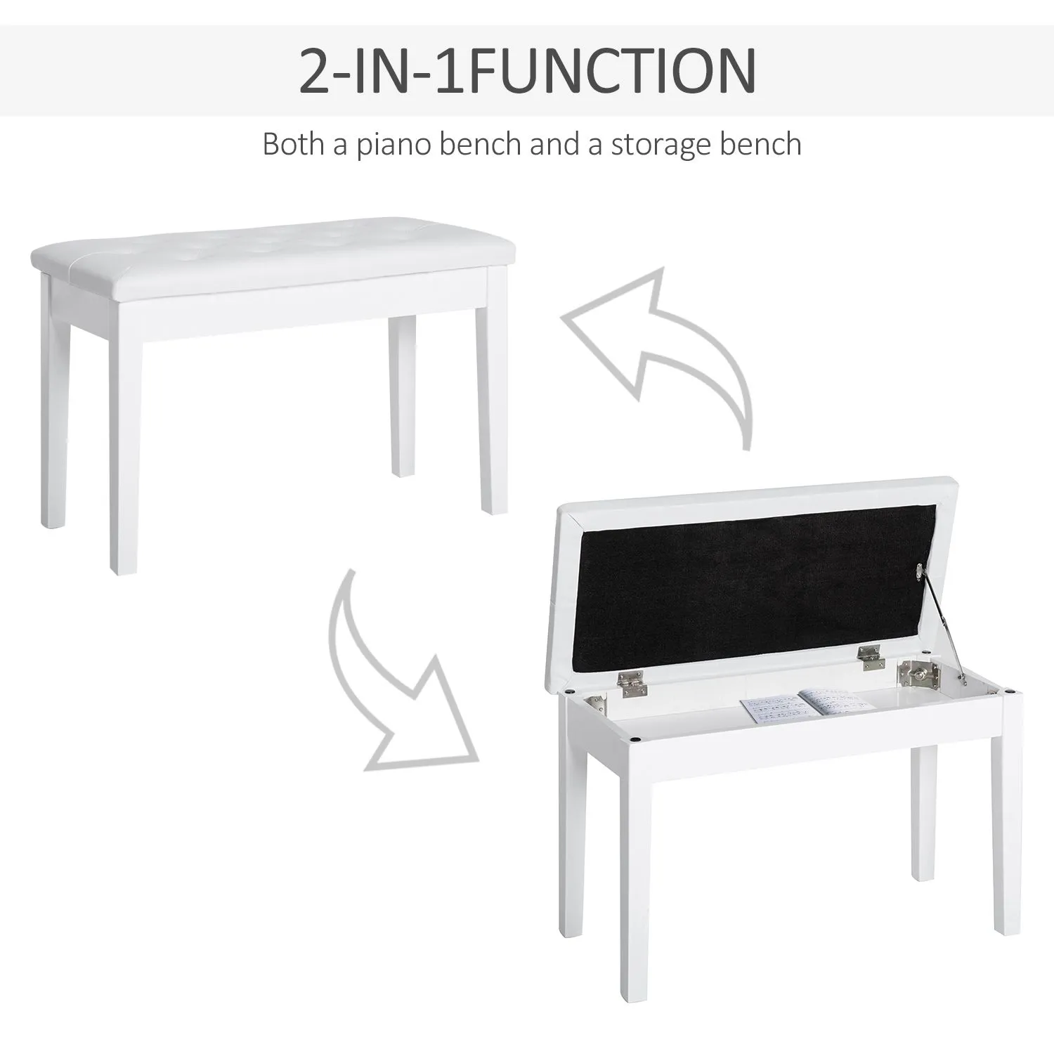 HOMCOM Classic Piano Bench Padded Seat Makeup Stool Solid Wood Wooden in White 4