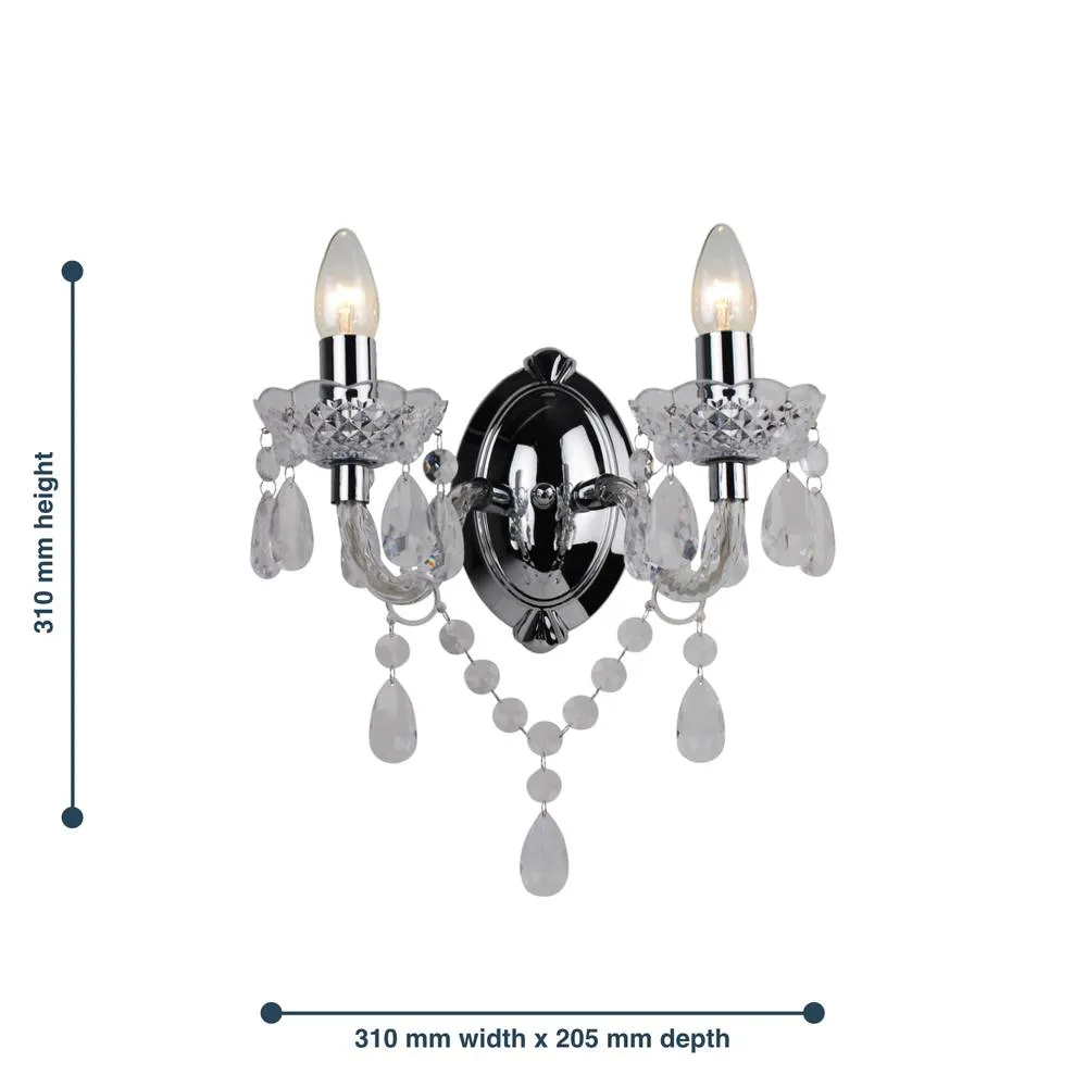 First Choice Lighting Clear Acrylic & Chrome Marie Therese Style Twin Wall Light 3