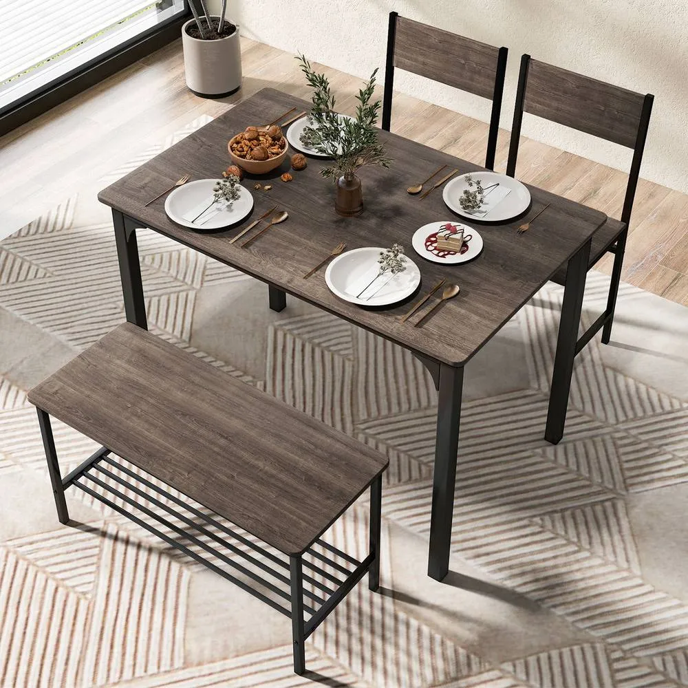Costway 4-Piece Dining Table Set Kitchen Table with 2 Chairs & a Bench in Grey 3