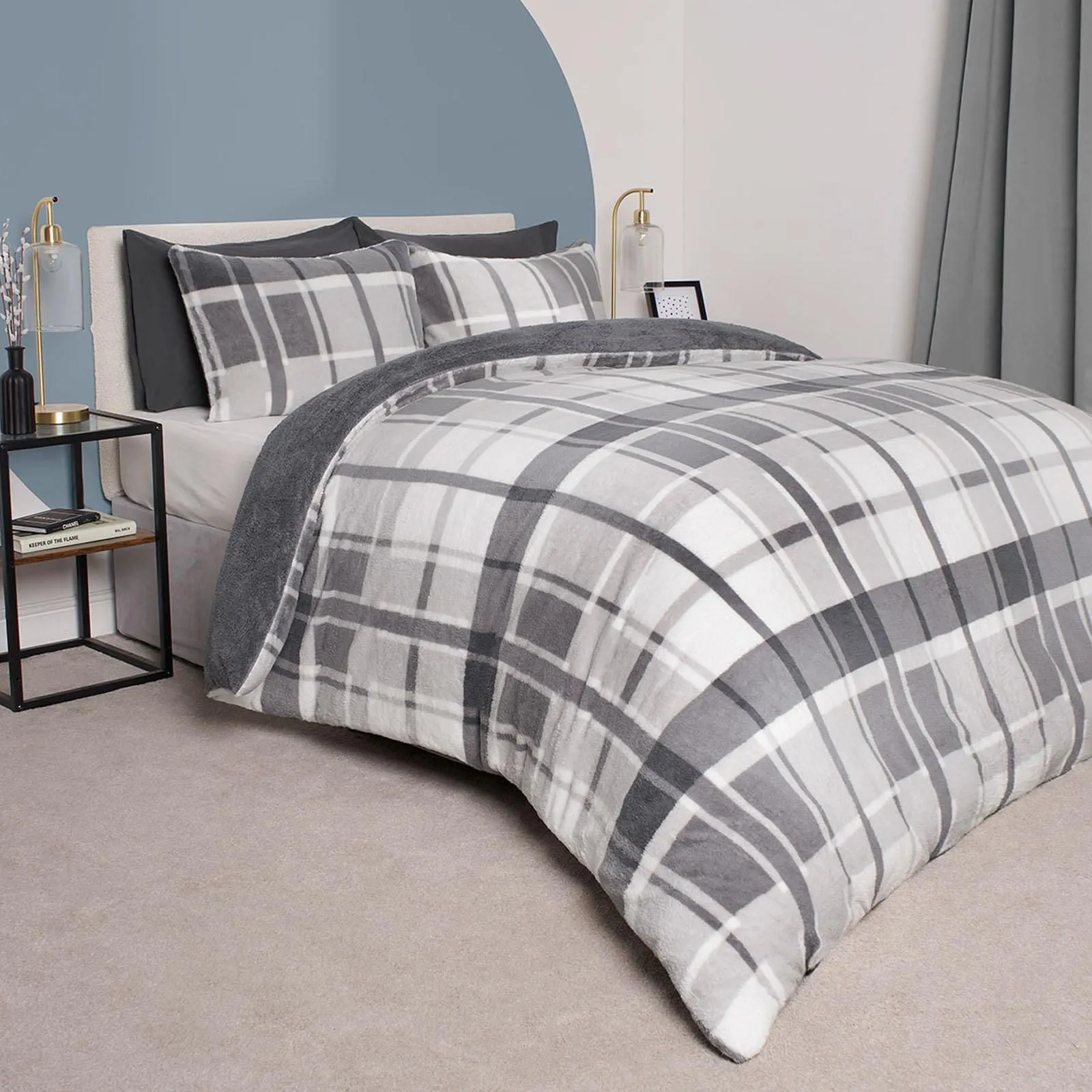 OHS Teddy Fleece Duvet Cover Set Pillowcase Bedding Check in Charcoal