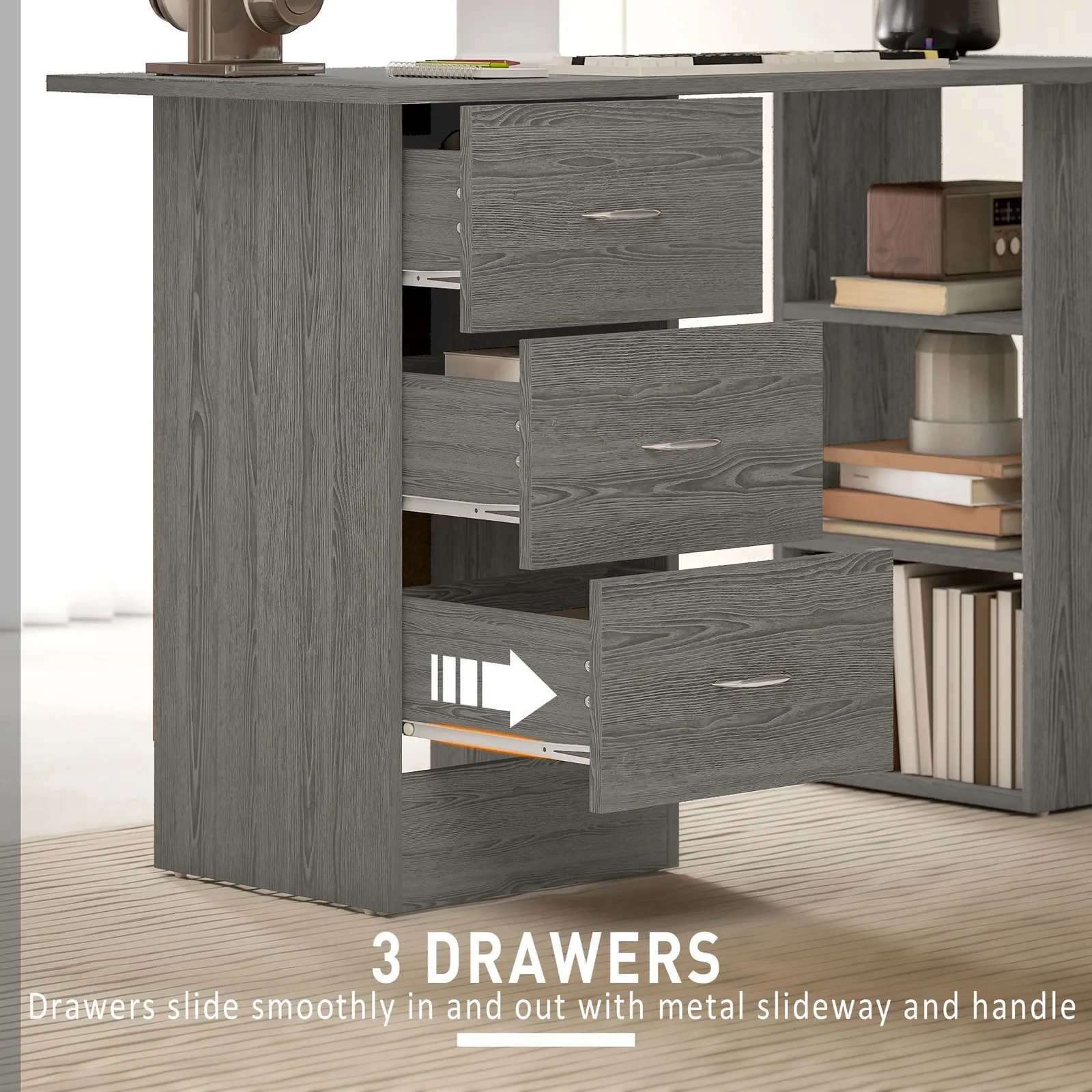 HOMCOM 120cm Computer Desk, Study Table with 3 Shelf & Drawers in Grey 5