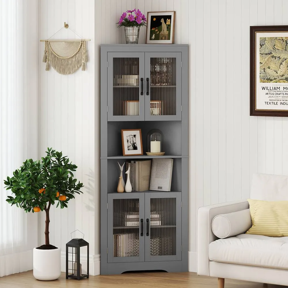 Costway 6-Tier Corner Storage Cabinet 170cm Tall Corner Hutch w/ 4 Glass Doors in Grey 3