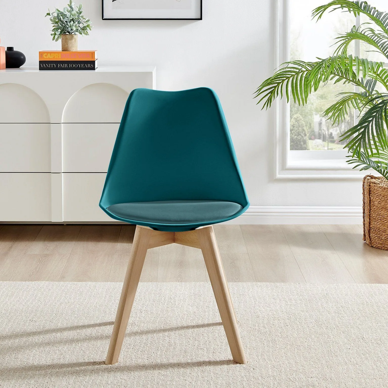 FurnitureboxUK Set of 2 Stockholm Natural Birch Wood Scandi Minimalist Dining Chairs with Faux Leather Cushion in Teal 3