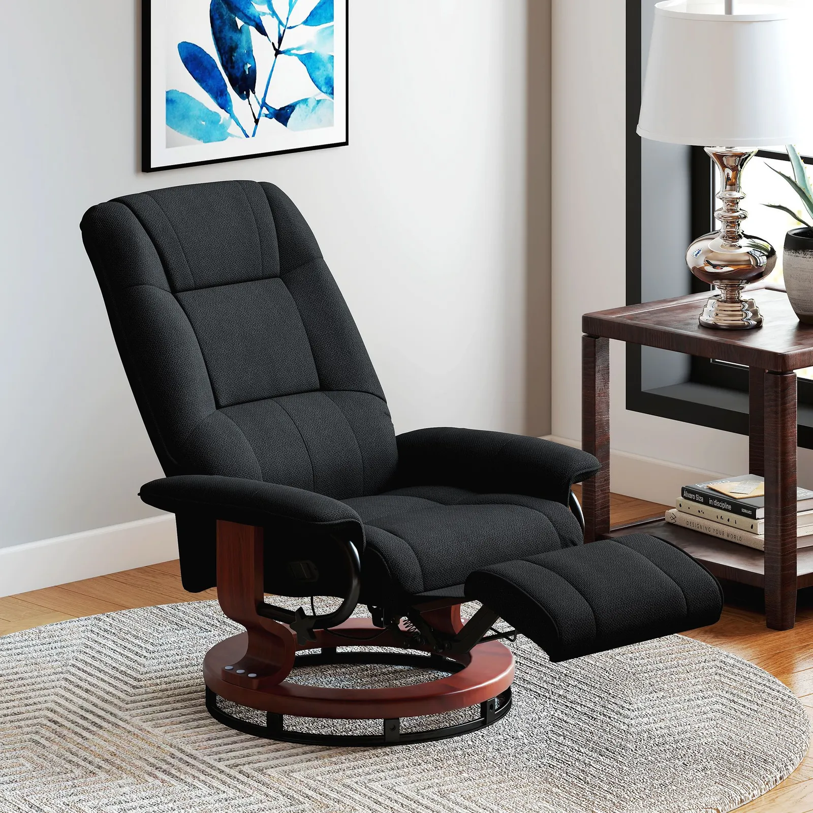 HOMCOM Manual Recliner Swivel Reclining Chair with Footrest Armrests, Black