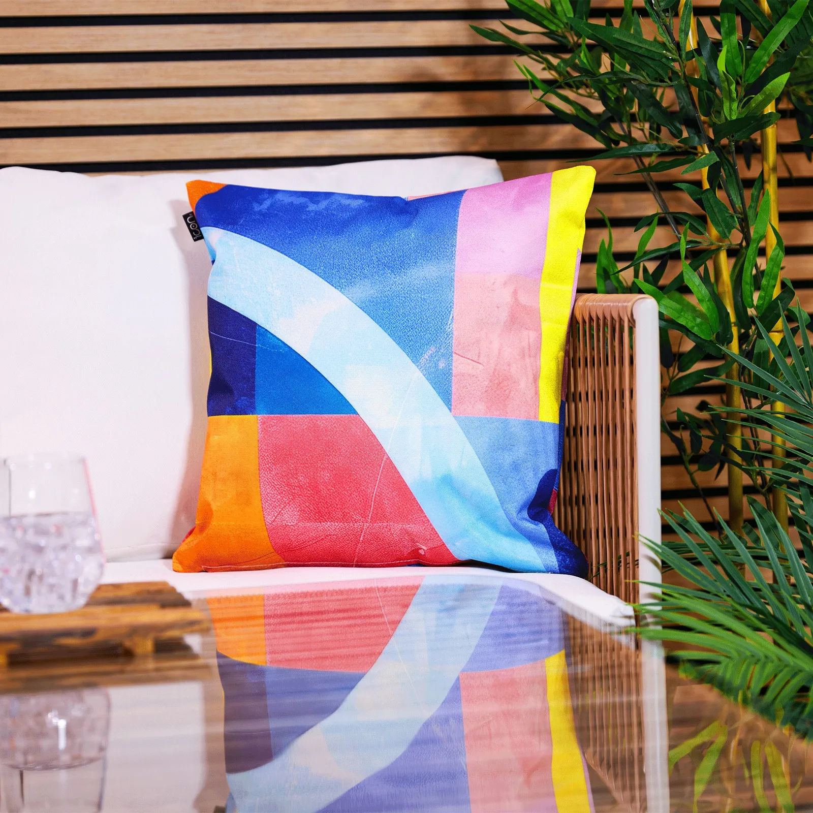 icon Indoor & Outdoor Abstract Waterproof Cushion Yellow in Blue