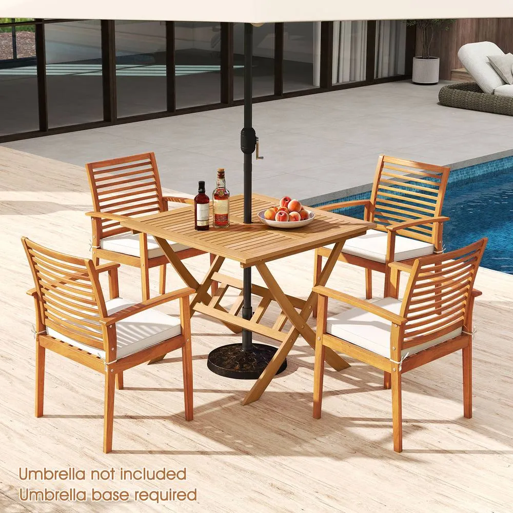Costway Acacia Wood Folding Table 90CM Patio Dining Table w/Umbrella Hole in Natural 3