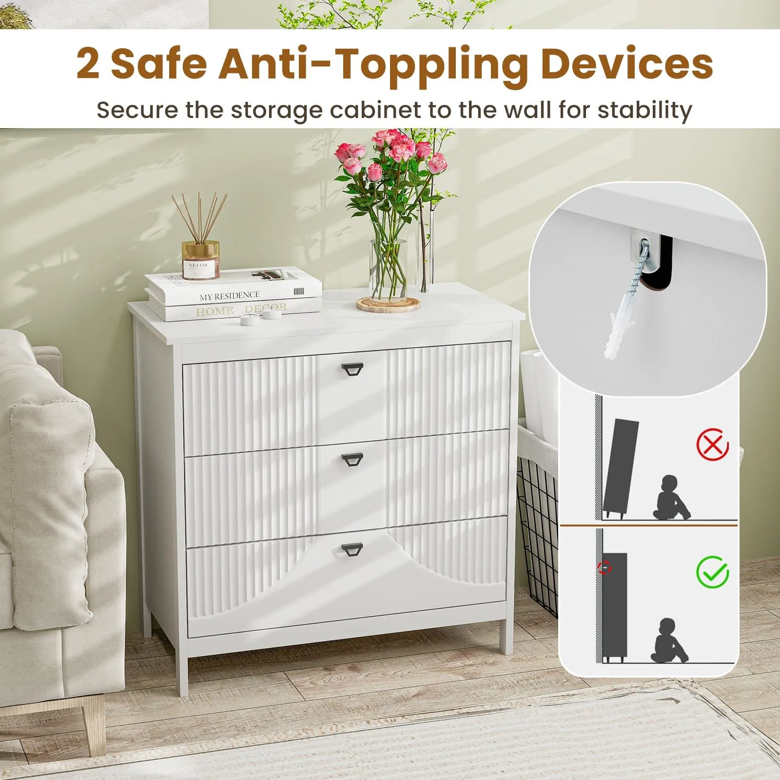 Costway 3-Drawer Dresser Modern Style Chest of Drawers in White 2