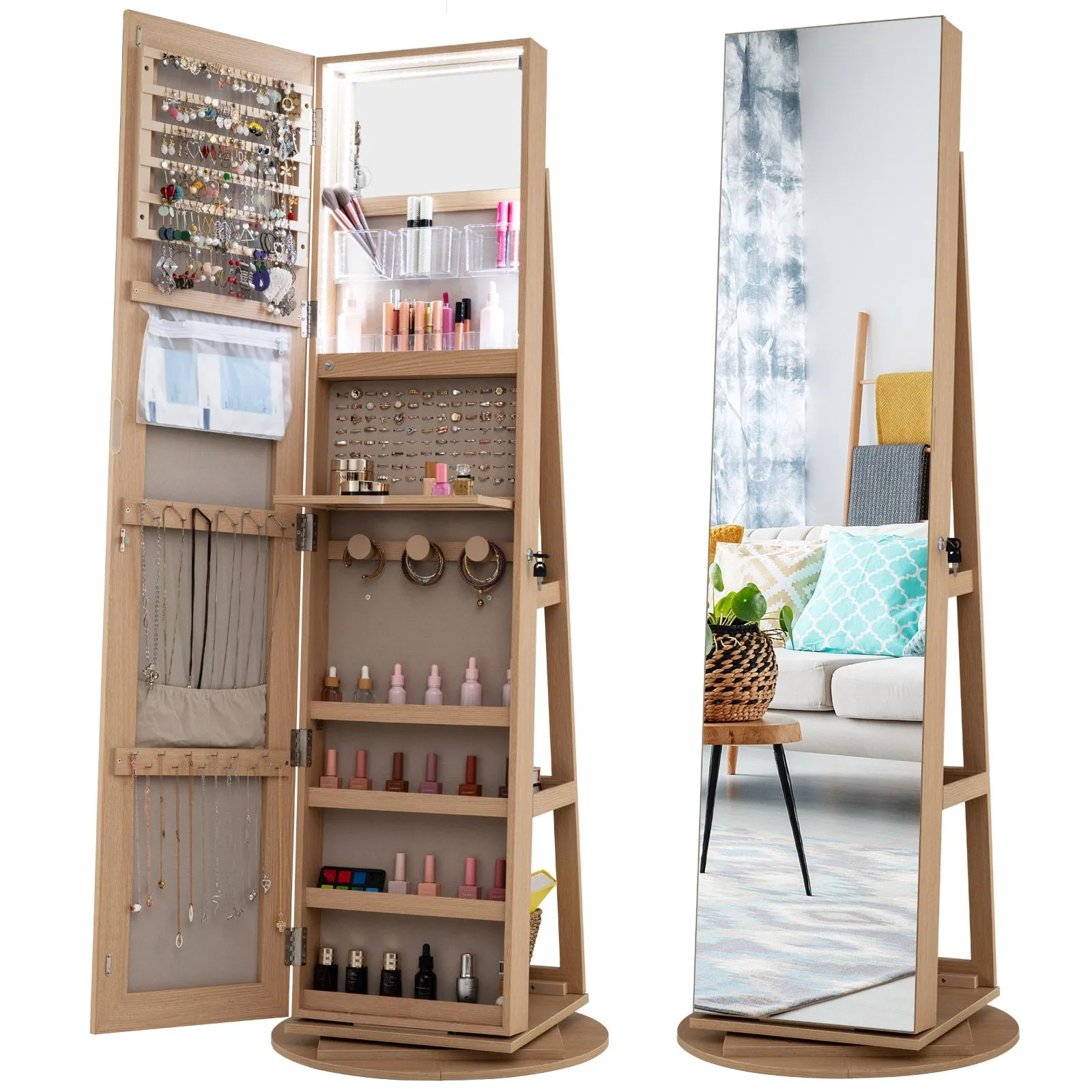Costway 360° Rotating Jewelry Armoire Standing Jewelry & Makeup Cabinet in Natural 3