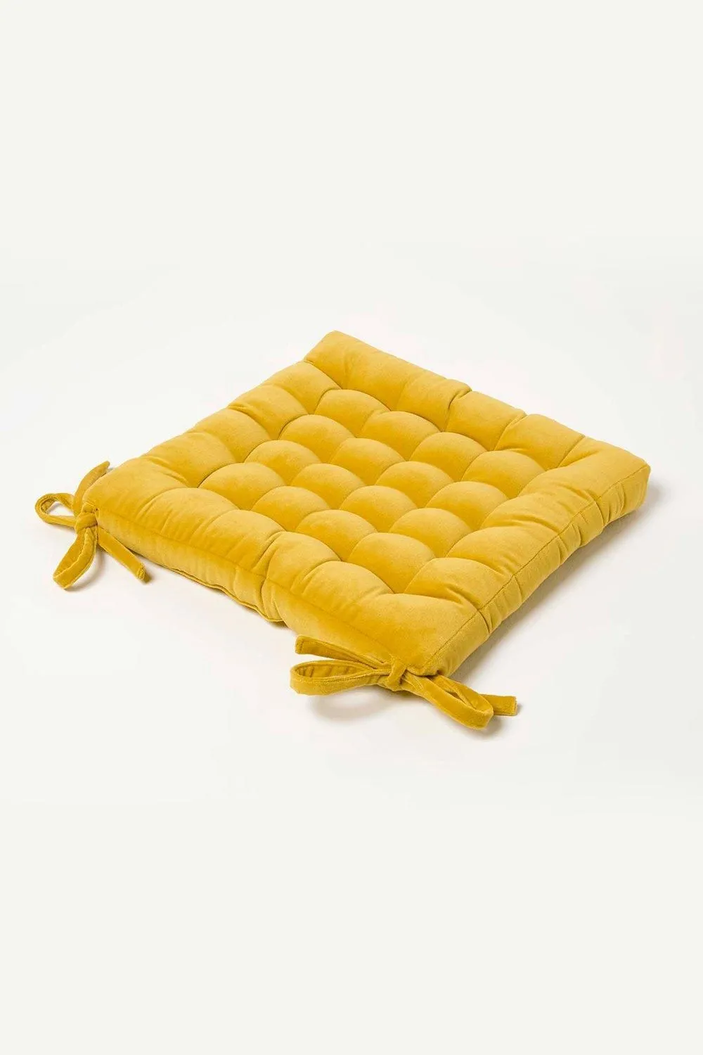 Homescapes Seat Pad Luxury 100% Cotton Velvet Indoor Outdoor Garden Cushion, 40cm in Mustard 1