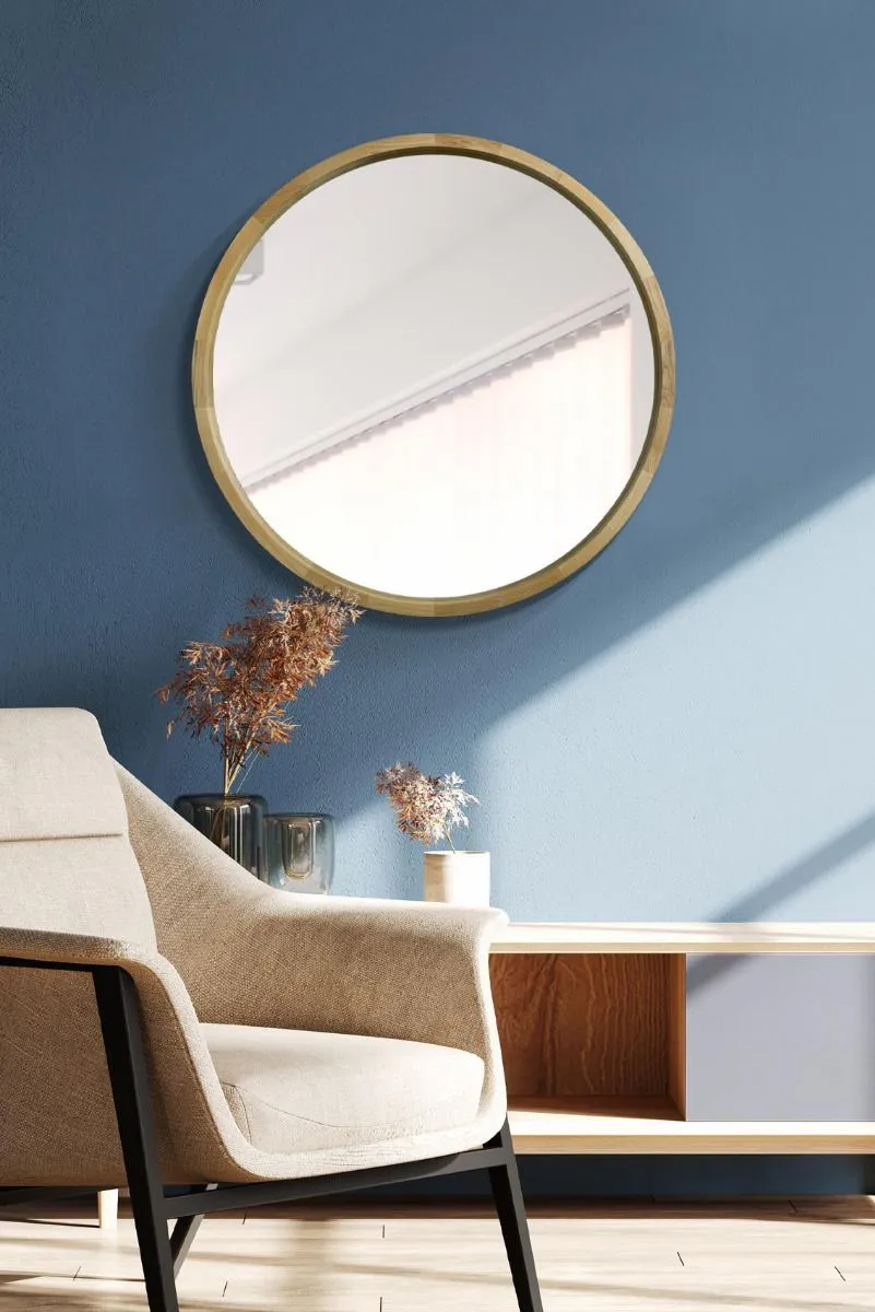 MirrorOutlet Solid Oak Round Deep Dish Framed Mirror 31" X 31" (80CM X 80CM) in Beige 6