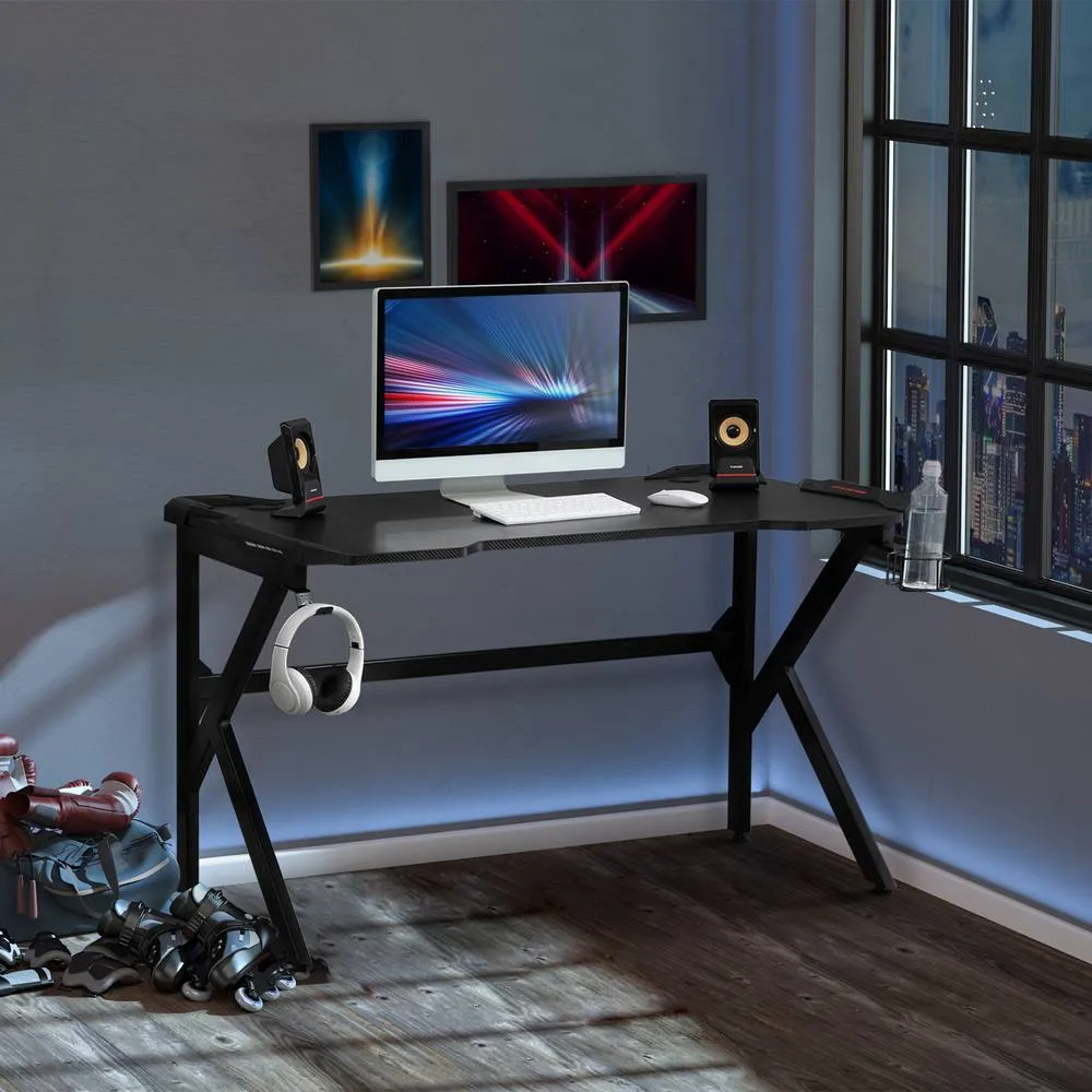 HOMCOM Gaming Desk Home Racing with Steel Frame Cup Headphone Holder Hook in Black