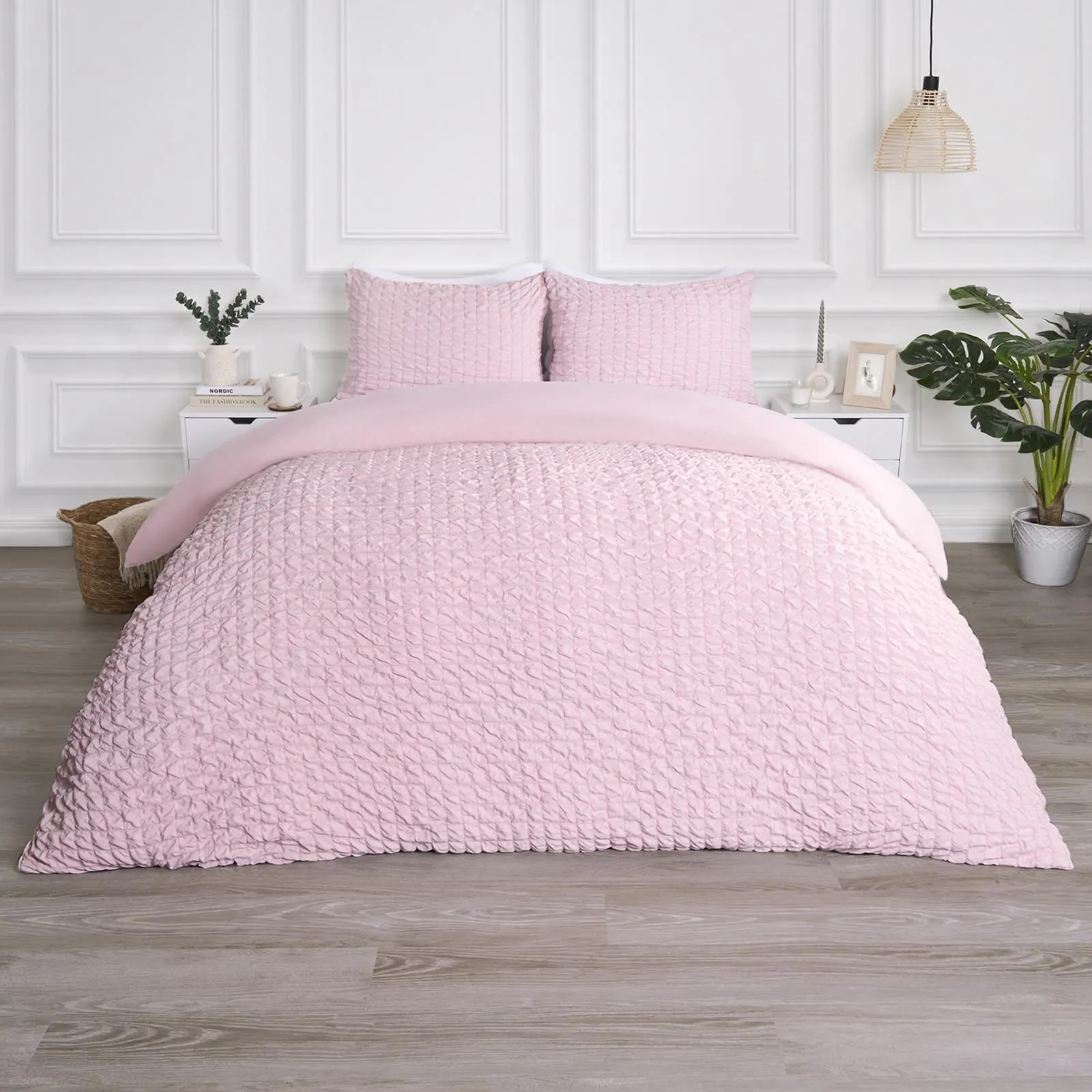 OHS Luxury Seersucker Duvet Cover Set Geo Pillowcase Quilt in Light Pink