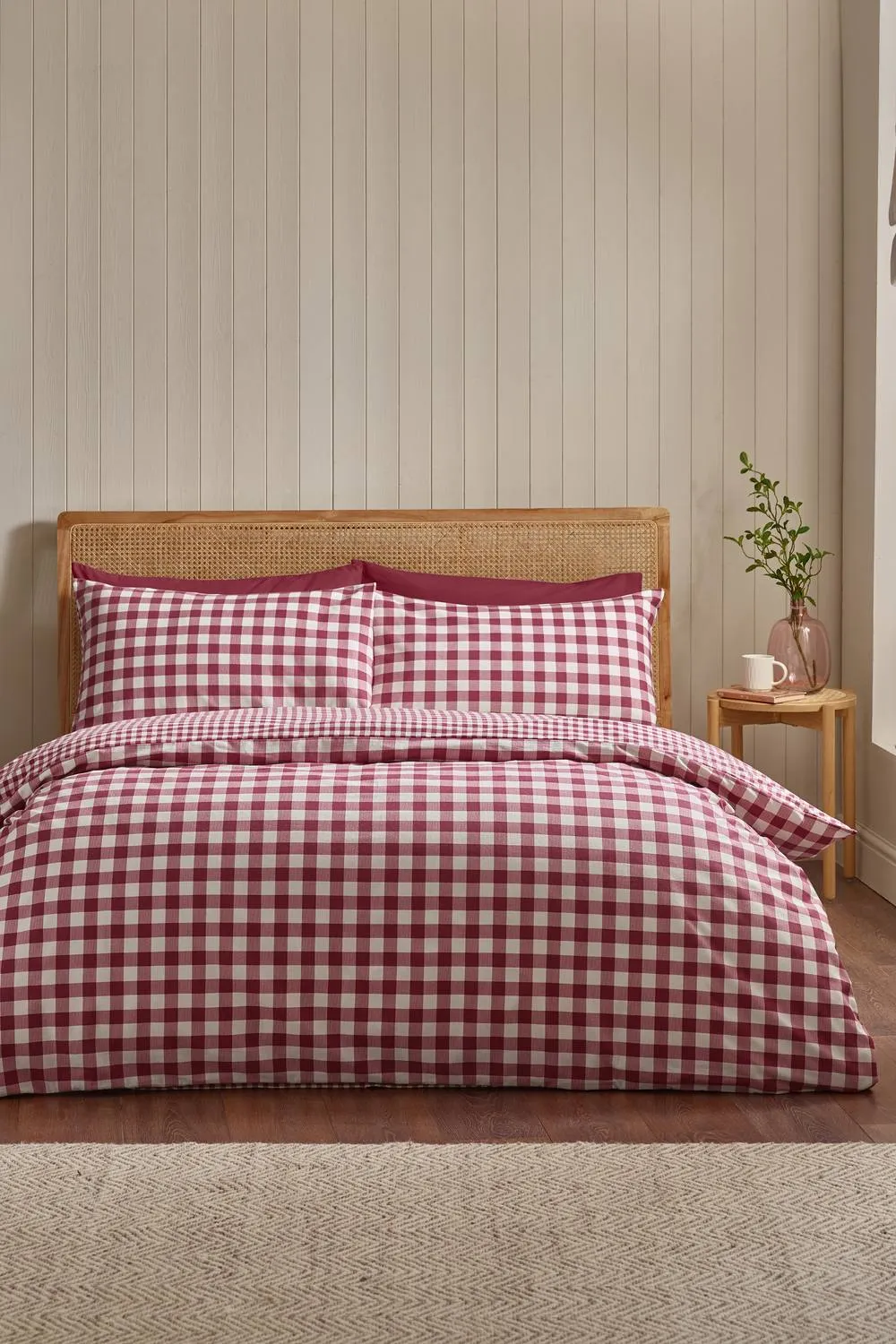 Catherine Lansfield Brushed Gingham Check Reversible Duvet Cover Set in Burgundy