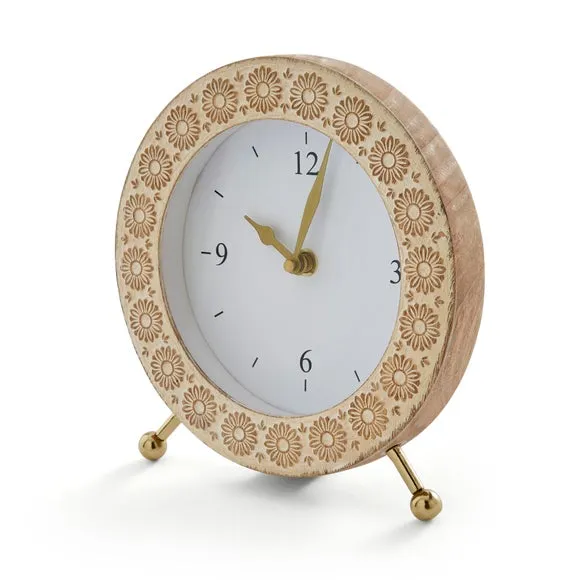 Carved Mango Wood Round Mantel Clock 3