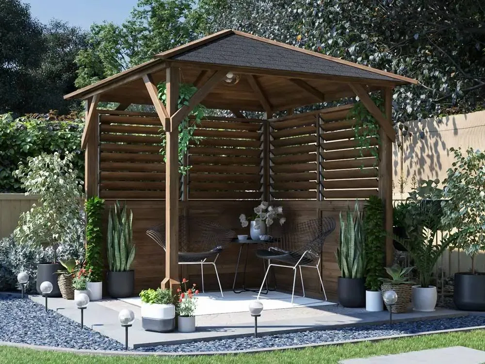 Dunster House Wooden Gazebo with Louvre Wall & Shingles 2m x 2m - Utopia 200 in Brown 3