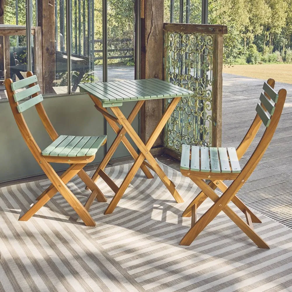 sweeek Acacia wood garden table, 2 folding chairs in Light Green 1