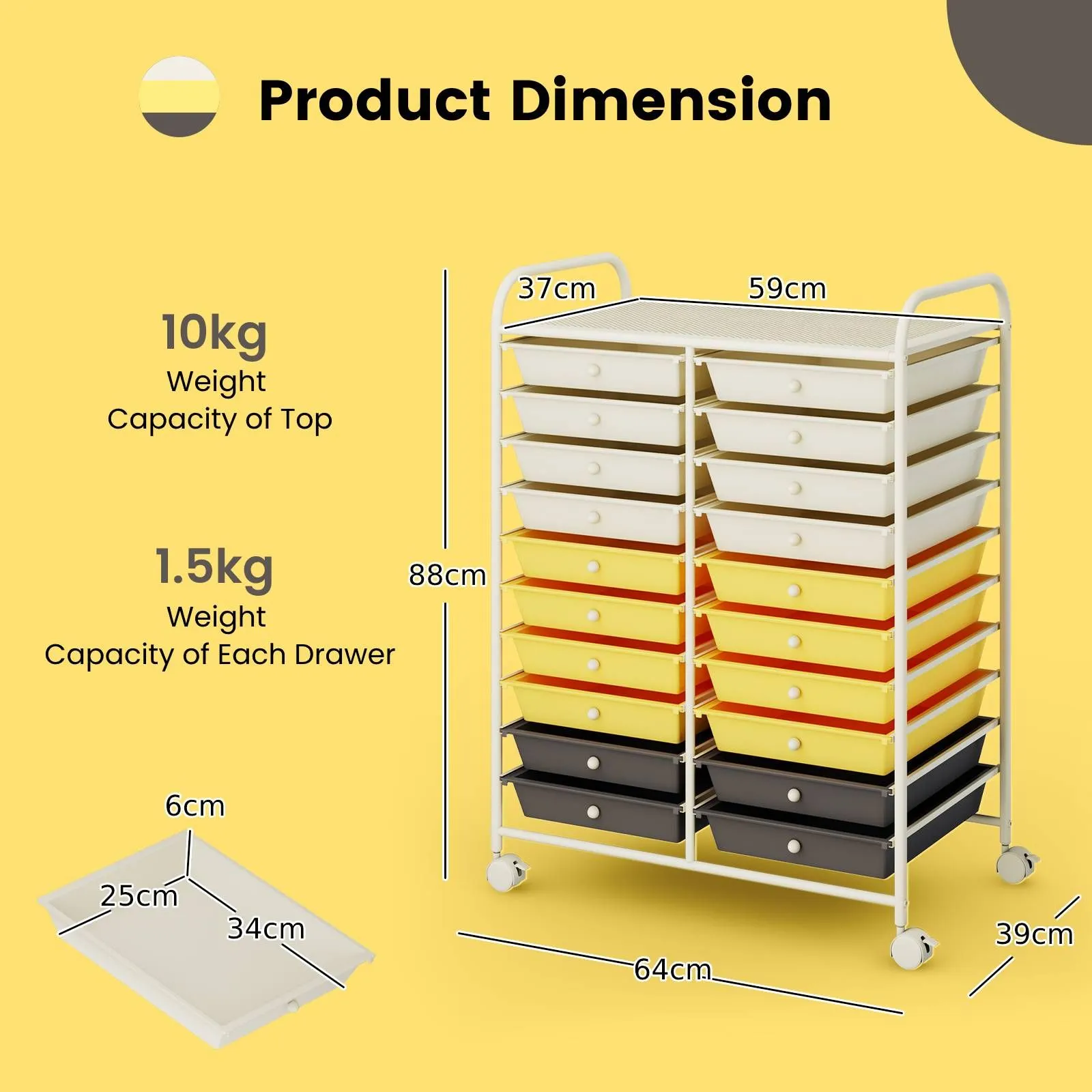 Costway 20 Drawers Storage Rolling Cart Home Office Mobile Utility Trolley Organizer in Yellow 2