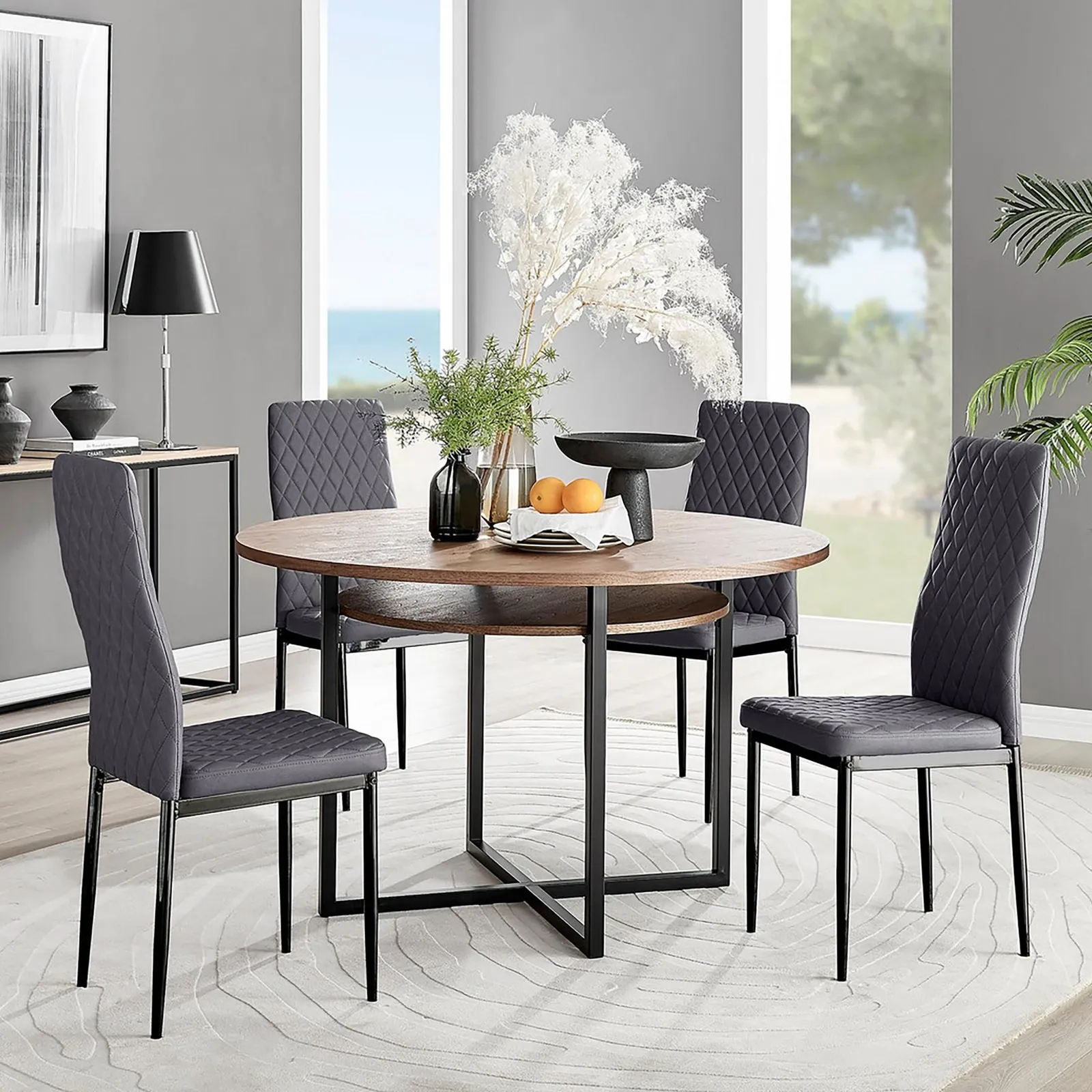FurnitureboxUK Adley Brown Wood Storage Dining Table & 4 Velvet Milan Black Leg Chairs in Grey