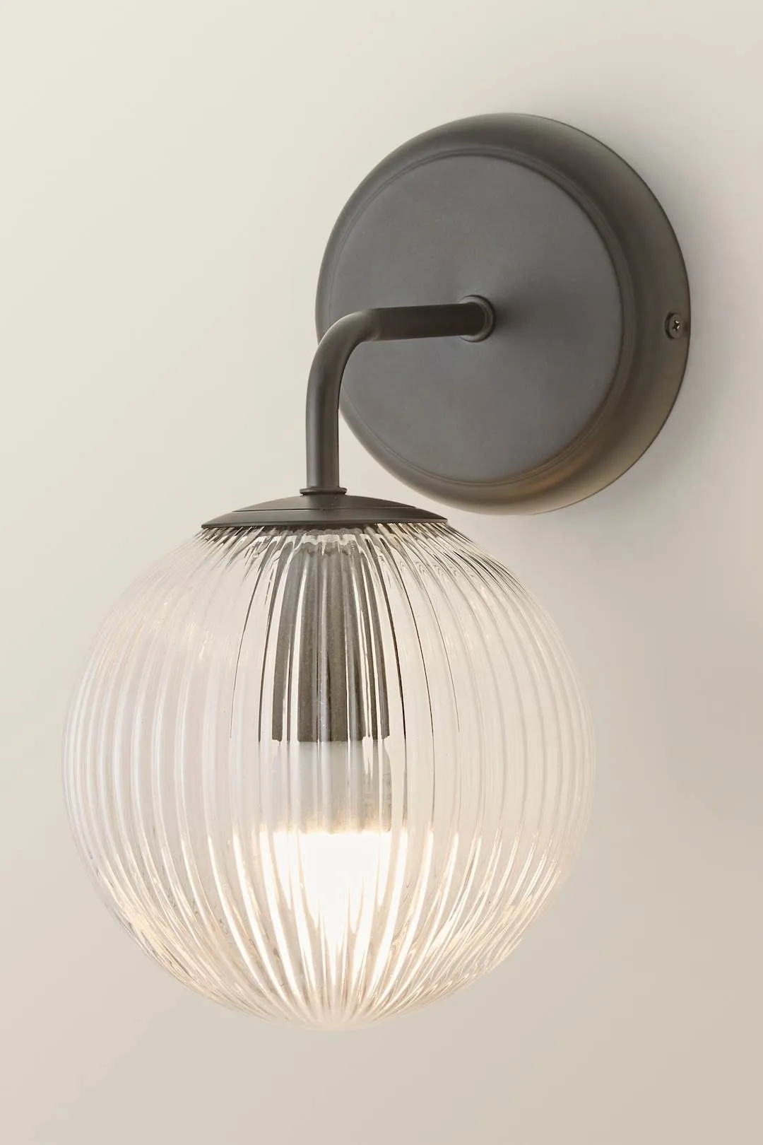ValueLights Kempton Ribbed Glass Globe Shade Single Arm Wall Light with Bulb in Black 3