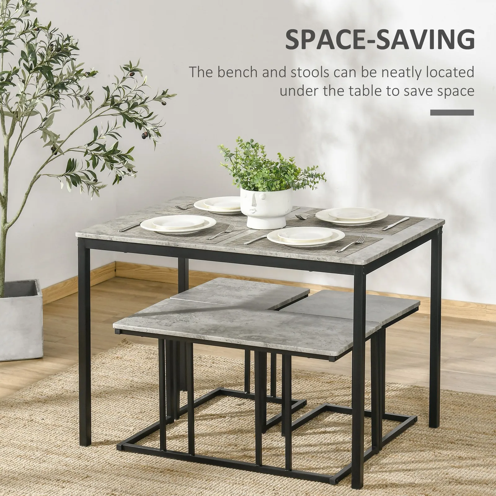 HOMCOM Dining Table Set Concrete Effect Kitchen Table & Chairs in Grey 6