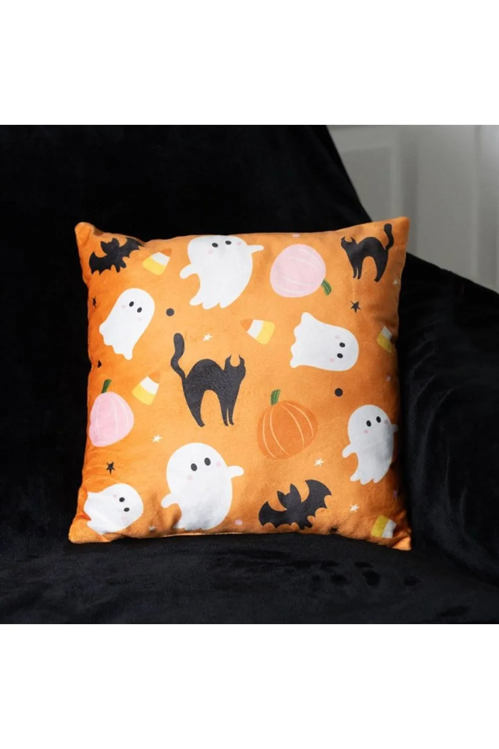KDMD Square Halloween Ghost Cushion - Spooky Pumpkin & Bat Print Decor in Orange