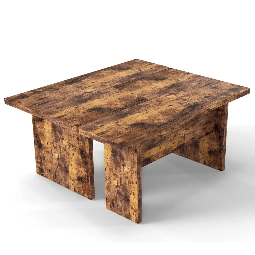 Costway 2PCS Modular Coffee Table Industrial Center Tables Wooden Side Table in Walnut 6