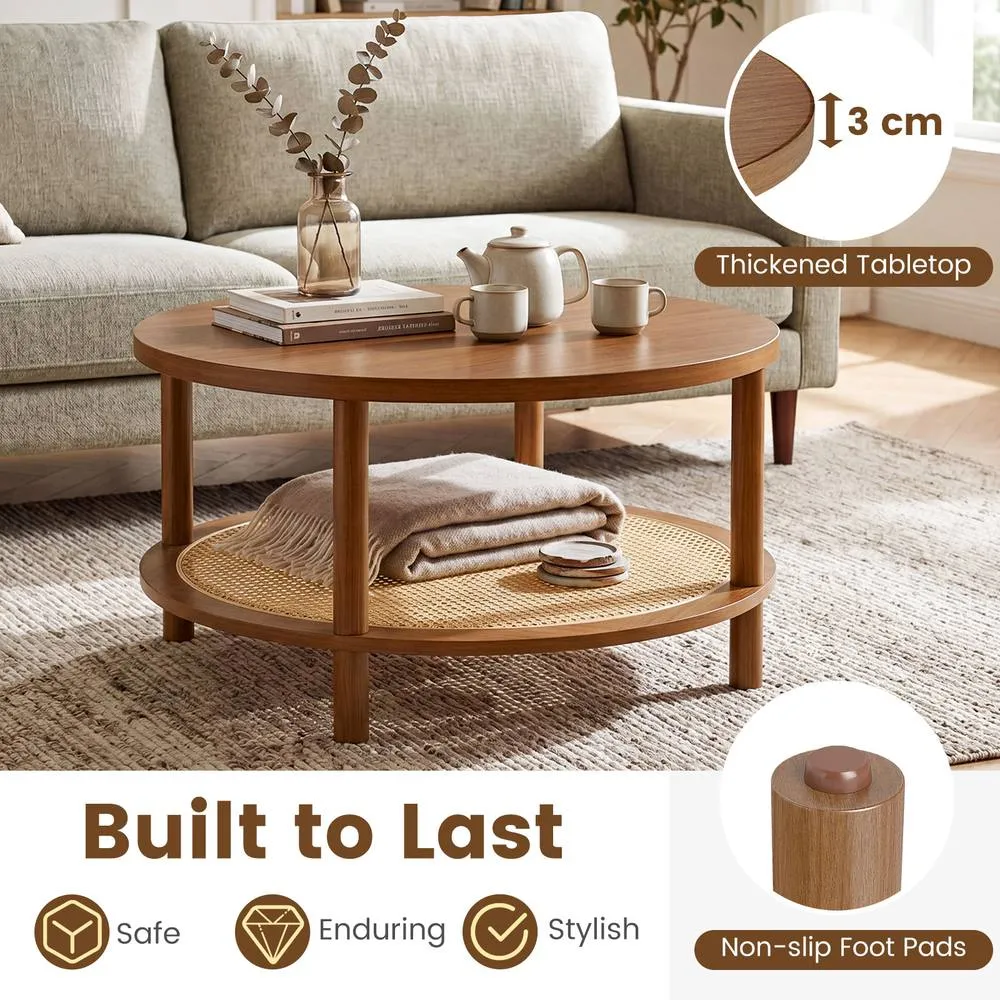 Costway Rattan Coffee Table 2-Tier Round Center Table with Wood Veneered Top in Brown 6