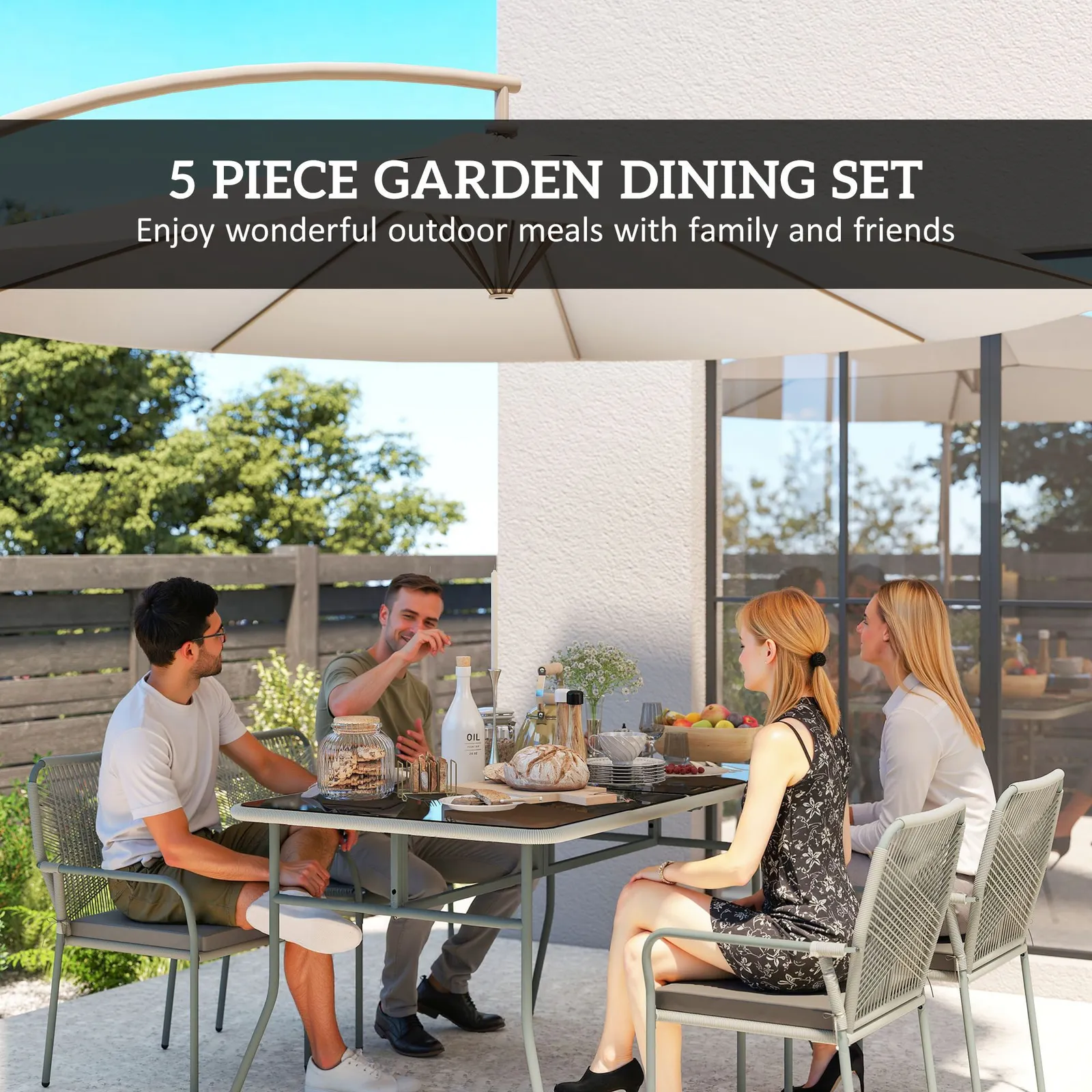 OUTSUNNY 5 Piece PE Rattan Garden Dining Set with Cushions, Light Grey 4