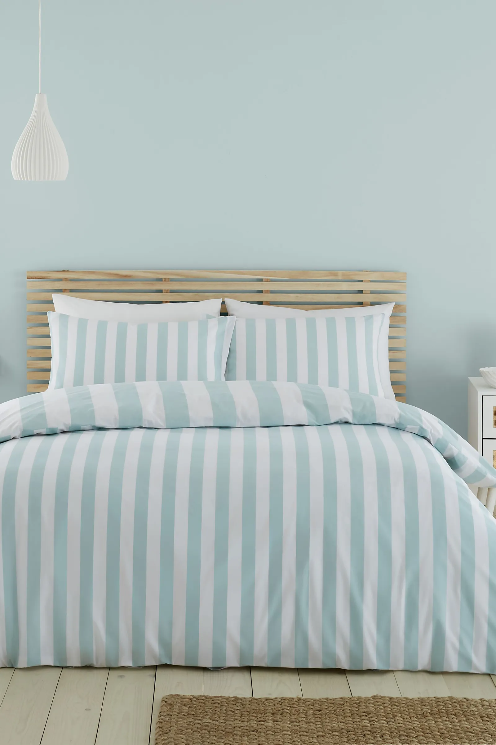 Catherine Lansfield 'Cove Stripe' Reversible Duvet Cover Set in Duck Egg Blue 2