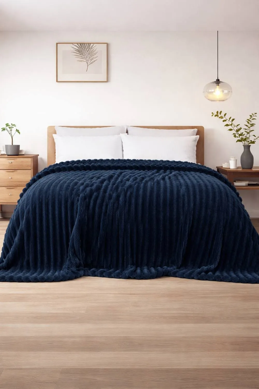 Dyzi Ribbed Jacquard Fleece Bed Blanket Throw 150x200cm Navy in Dark Navy