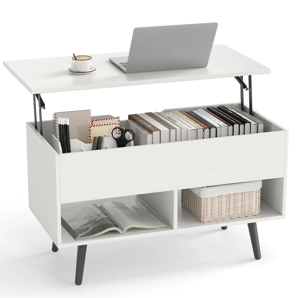 Costway Lift Top Coffee Table Mid Century Modern Accent Table w/Shelves in White 3