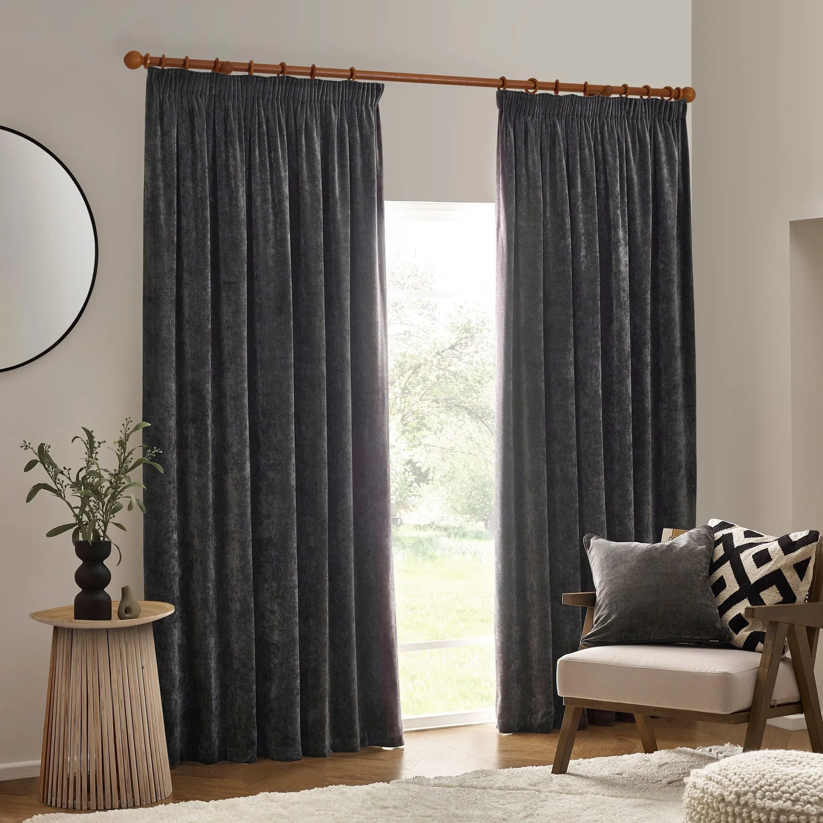 Yard Heavy Chenille Velvet Room Darkening Pencil Pleat Curtain Pair in Charcoal 2