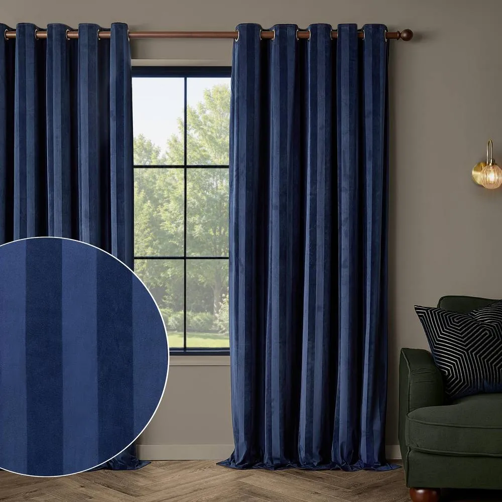 Paoletti Regency Stripe Velvet Fully Lined Eyelet Curtain Pair in Midnight 1
