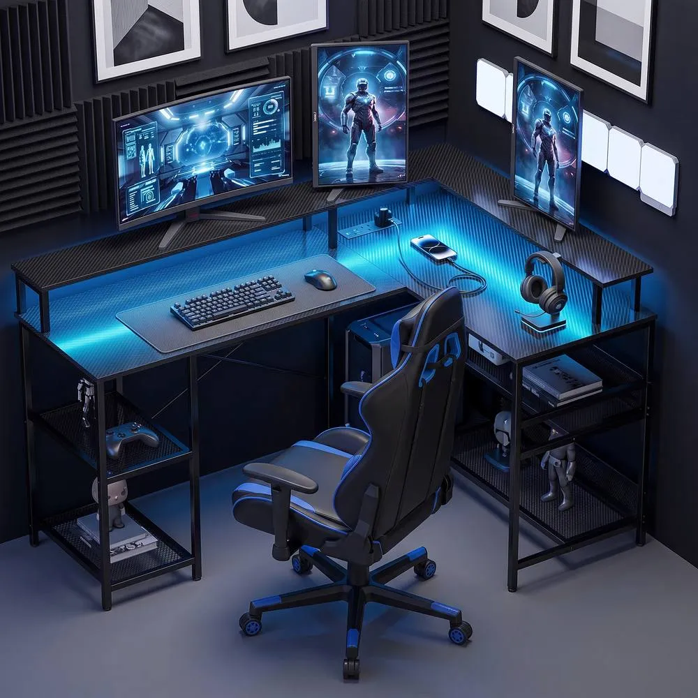 HOMCOM L Shaped Gaming Desk w/ LED Lights & Power Outlets, Black 2