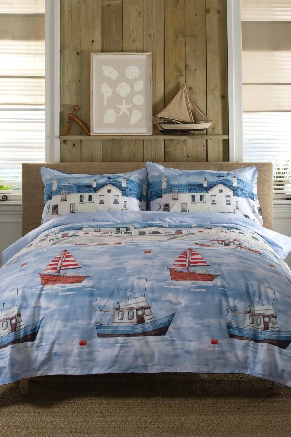 Lobster Creek Coastal Fishing Village Duvet 100% Cotton in Blue