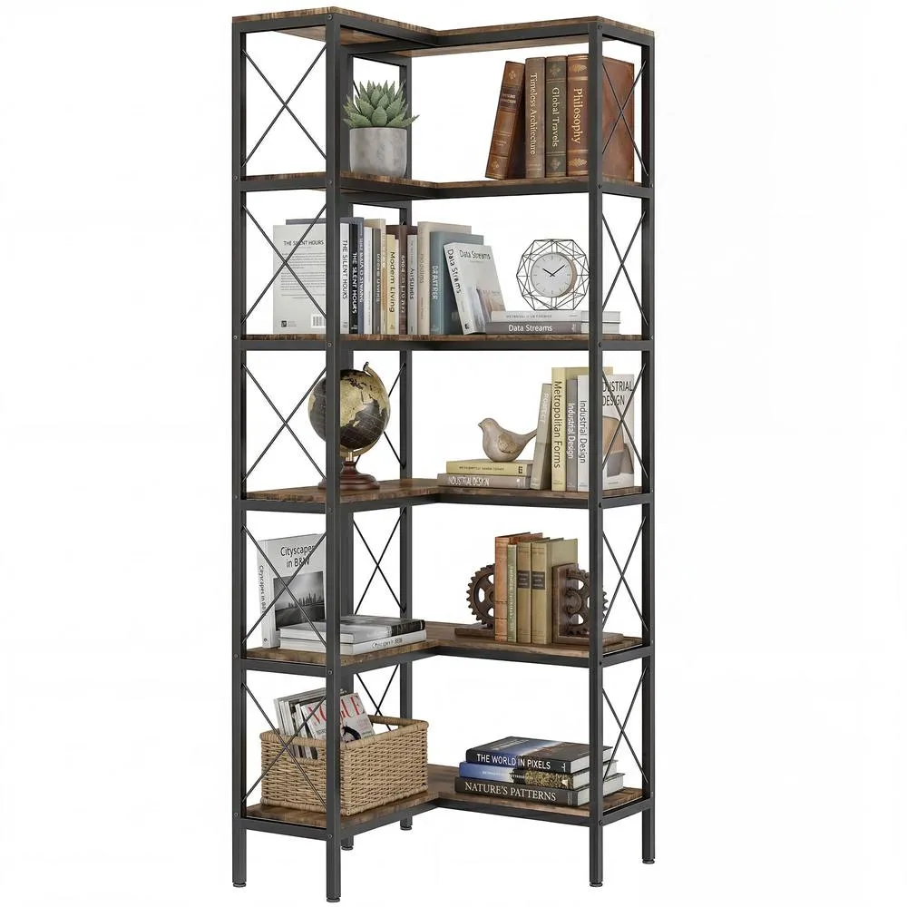HOMCOM L-Shaped Bookshelf, 5-Tier Bookcase with Metal Frame, Rustic Brown 2
