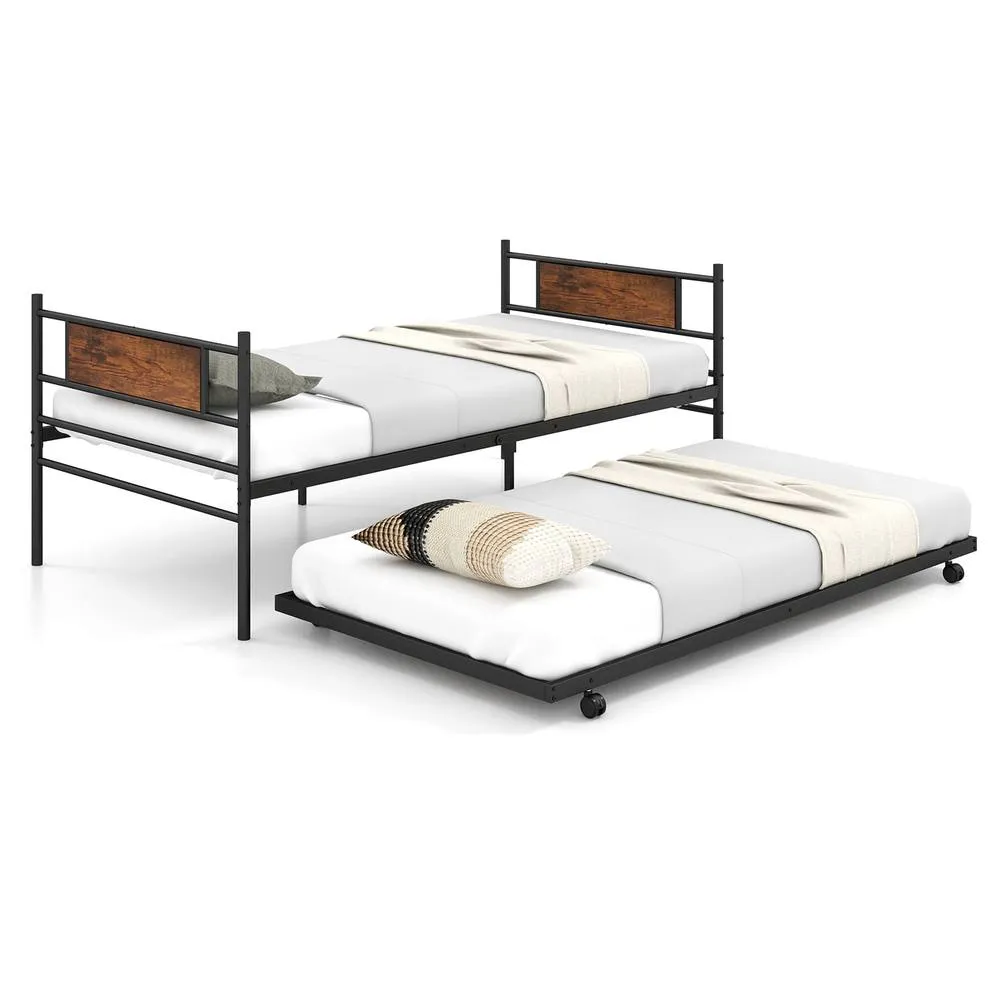 Costway Metal Daybed with Pull-out Trundle Single Sofa Guest Bed w/Headboard in Brown