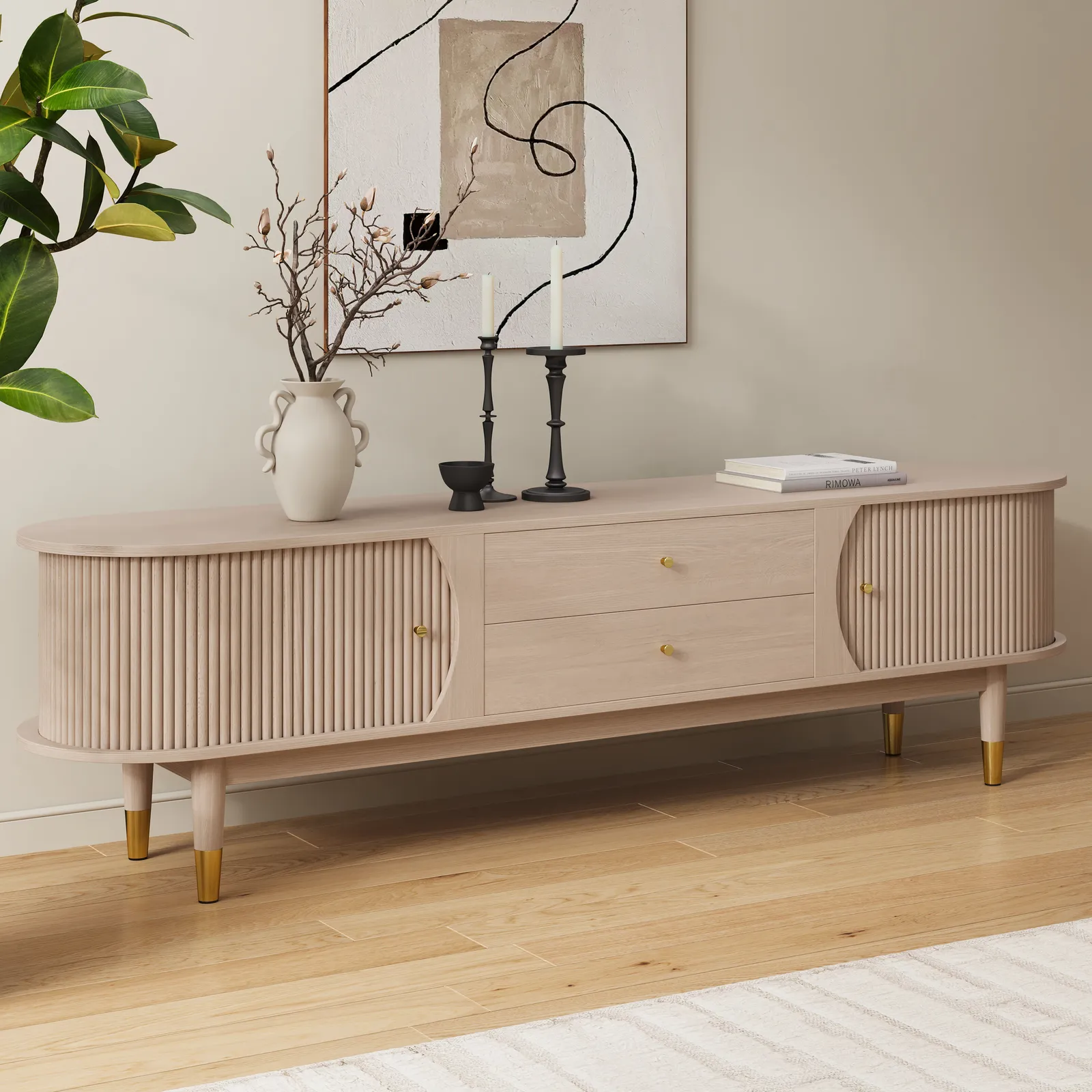 80" Ash Wood Fluted Whitewash TV Stand with Storage